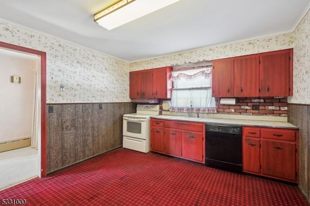 kitchen featuring dishwasher, electric stove, dark colored carpet, ornamental molding, and sink