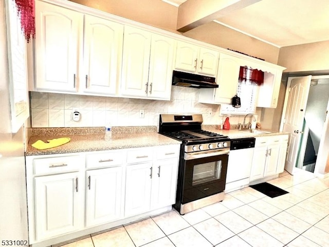 kitchen with dishwasher, white cabinets, sink, stainless steel gas range, and light tile patterned floors