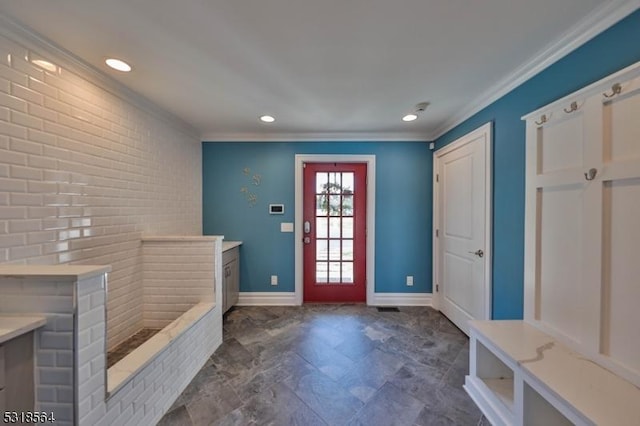 mudroom featuring ornamental molding