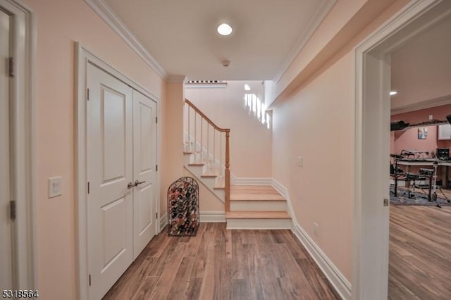 hall featuring hardwood / wood-style floors and ornamental molding