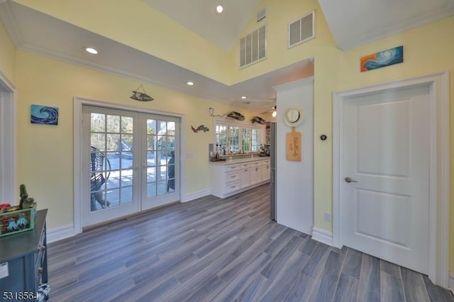 interior space with dark hardwood / wood-style flooring, lofted ceiling, french doors, and plenty of natural light