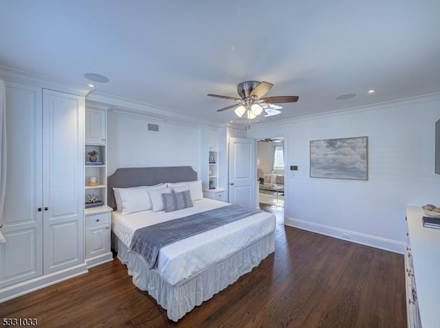 bedroom with ceiling fan, dark hardwood / wood-style flooring, and ornamental molding