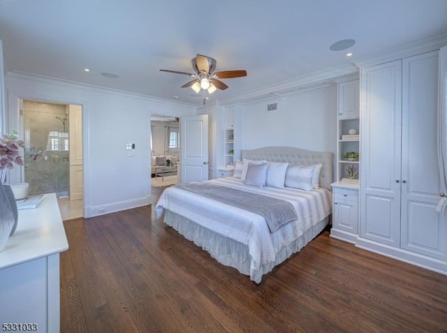 bedroom with ceiling fan, ensuite bath, dark hardwood / wood-style floors, and ornamental molding