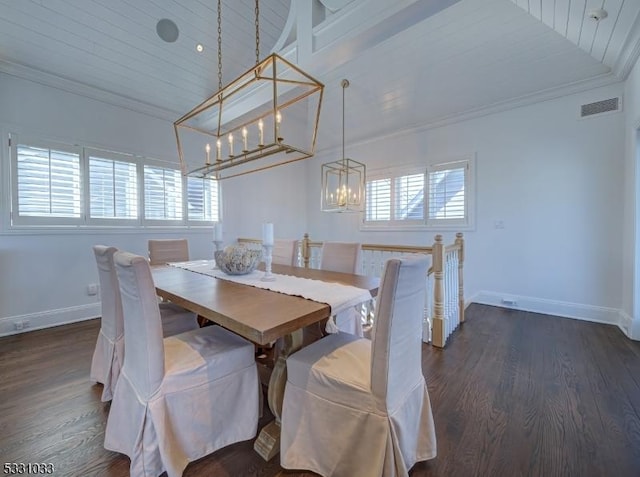 dining area featuring lofted ceiling, wood ceiling, dark hardwood / wood-style flooring, ornamental molding, and a chandelier