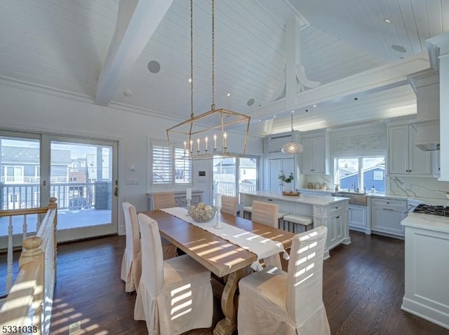 dining area featuring plenty of natural light, dark hardwood / wood-style floors, a notable chandelier, and beamed ceiling