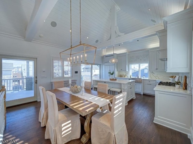 dining room featuring a notable chandelier, dark hardwood / wood-style flooring, wood ceiling, and beamed ceiling