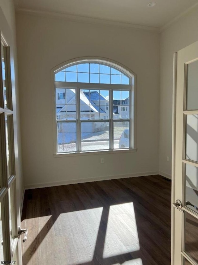 spare room with ornamental molding, a wealth of natural light, and dark wood-type flooring