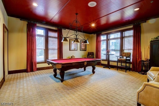 recreation room with carpet and pool table