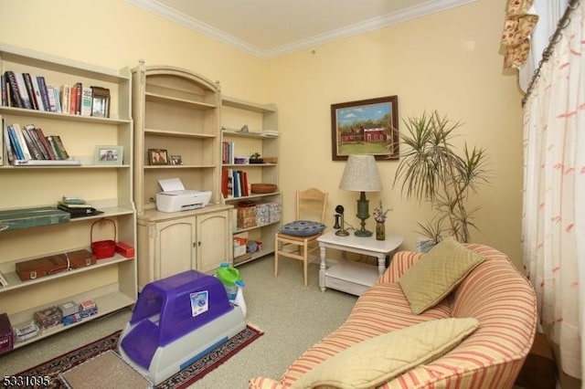 sitting room with carpet floors and crown molding