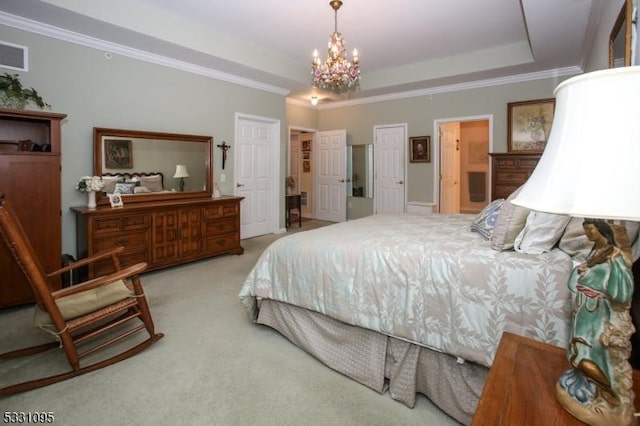 carpeted bedroom featuring a chandelier, a raised ceiling, and crown molding