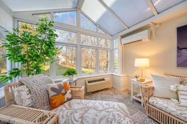 sunroom featuring a wall mounted air conditioner and lofted ceiling