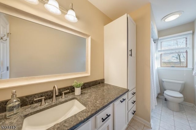 bathroom with vanity, tile patterned flooring, and toilet