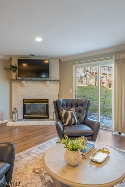 living room with a fireplace, ornamental molding, and hardwood / wood-style flooring