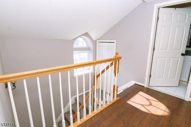 hall featuring dark hardwood / wood-style floors and vaulted ceiling