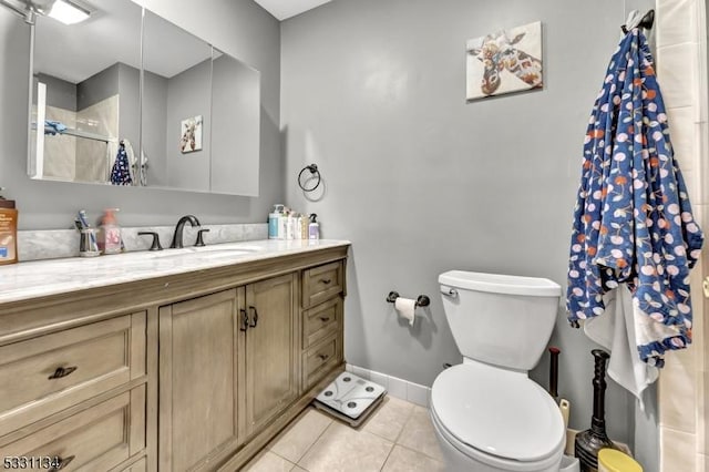 full bathroom with baseboards, toilet, tile patterned floors, curtained shower, and vanity