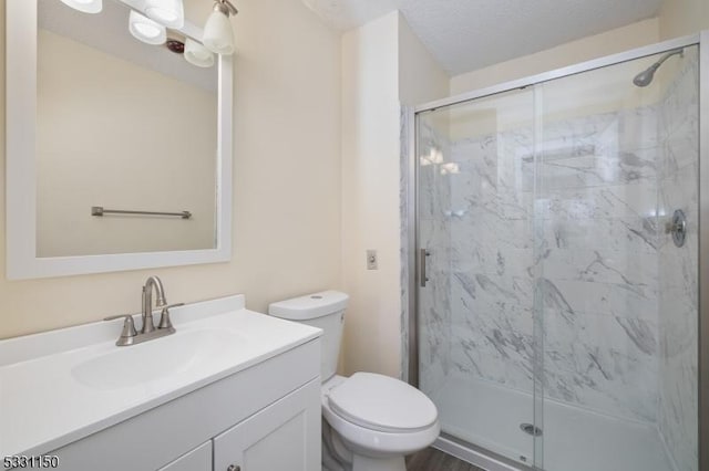 bathroom with vanity, toilet, a shower with door, and a textured ceiling