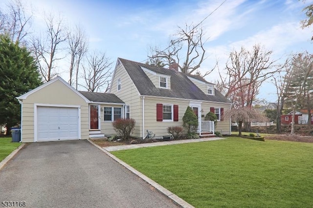 cape cod home featuring aphalt driveway, a garage, a shingled roof, a chimney, and a front yard