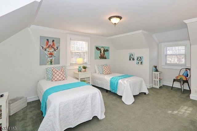 carpeted bedroom with lofted ceiling, baseboards, and crown molding