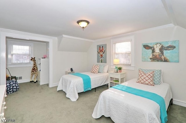 bedroom featuring carpet floors, baseboards, ornamental molding, and lofted ceiling