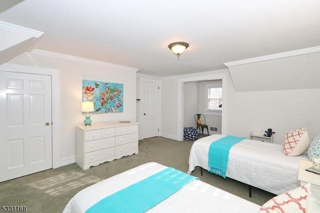 bedroom featuring ornamental molding, carpet flooring, and baseboards