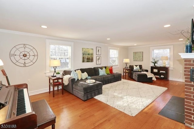 living area featuring baseboards, wood finished floors, crown molding, a fireplace, and recessed lighting