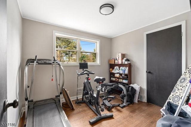 workout area featuring hardwood / wood-style floors and crown molding