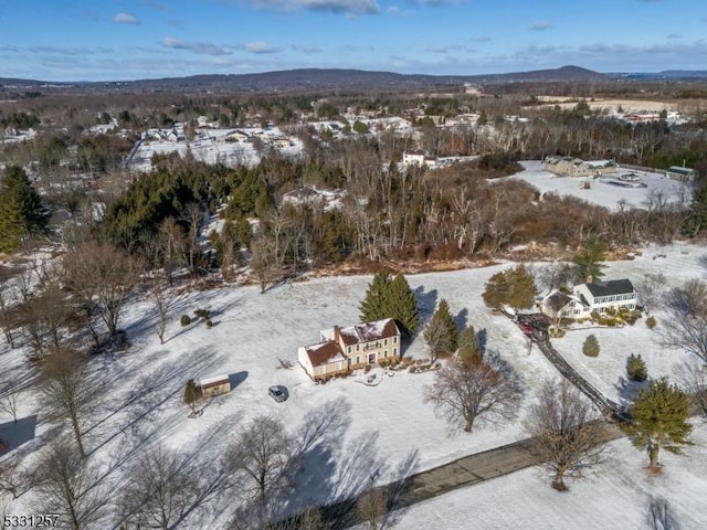 snowy aerial view with a mountain view