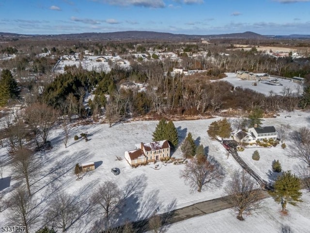 snowy aerial view featuring a mountain view