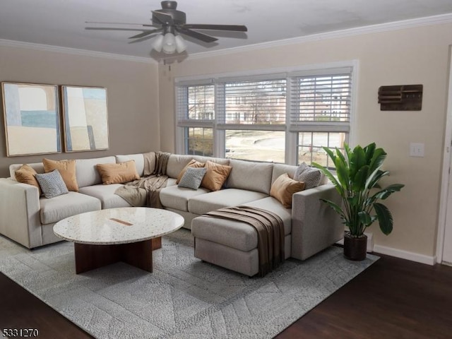 living room featuring ornamental molding, ceiling fan, and hardwood / wood-style flooring