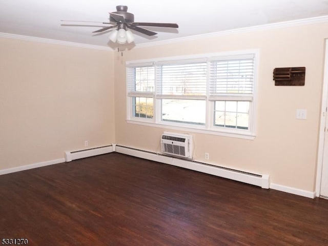 empty room with a wall unit AC, ceiling fan, crown molding, and dark hardwood / wood-style floors