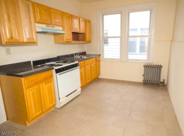 kitchen featuring radiator, white gas stove, plenty of natural light, and sink