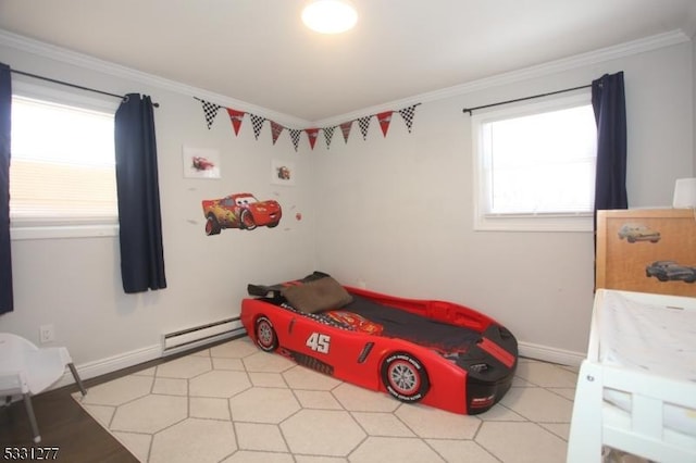 bedroom featuring a baseboard radiator and ornamental molding