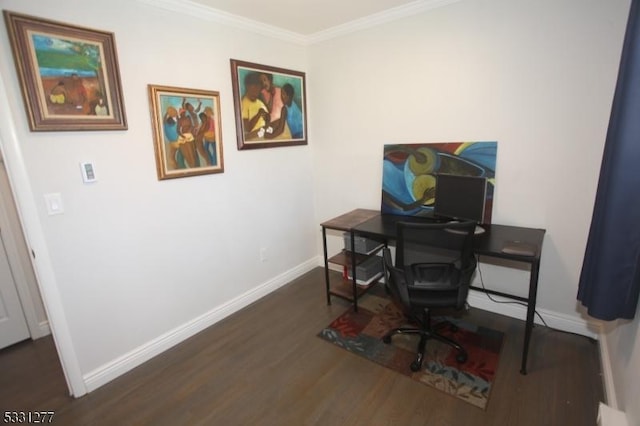 office with ornamental molding and dark wood-type flooring