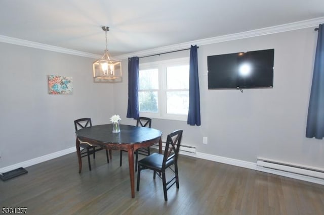 dining area featuring ornamental molding, dark hardwood / wood-style floors, and a baseboard radiator