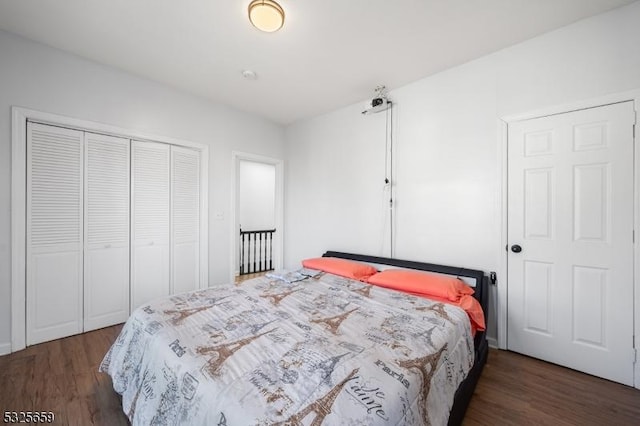 bedroom featuring dark wood-type flooring and a closet