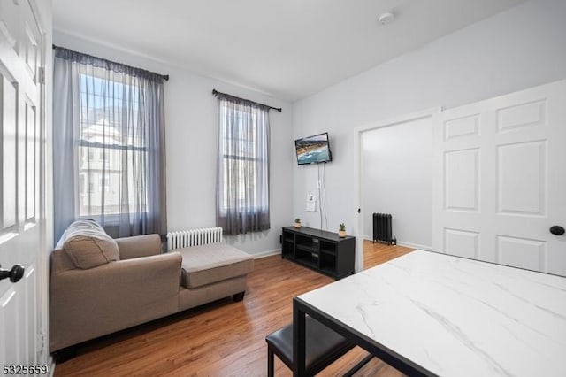 bedroom featuring hardwood / wood-style floors and radiator heating unit