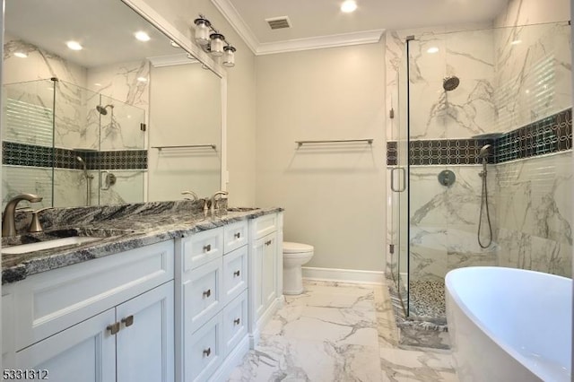 full bathroom featuring independent shower and bath, crown molding, toilet, and vanity