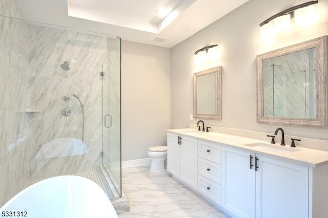 full bathroom featuring a tray ceiling, toilet, vanity, and independent shower and bath