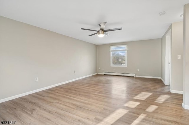 empty room featuring baseboard heating, light hardwood / wood-style floors, and ceiling fan