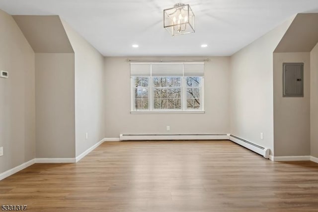 interior space featuring electric panel, light hardwood / wood-style flooring, and a notable chandelier