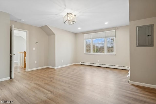 interior space with light hardwood / wood-style flooring, baseboard heating, an inviting chandelier, and electric panel