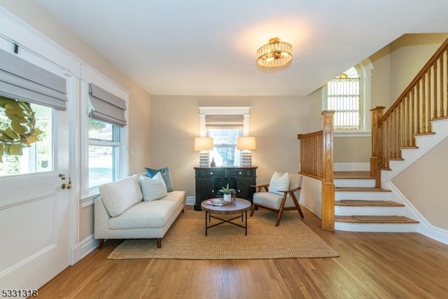 living area featuring a healthy amount of sunlight and wood-type flooring