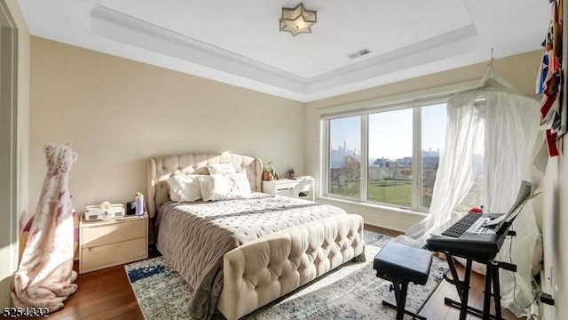 bedroom with hardwood / wood-style floors and a raised ceiling