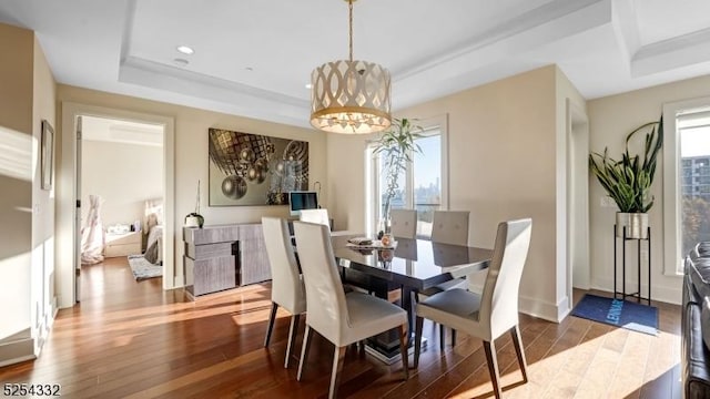 dining area with a tray ceiling, an inviting chandelier, and hardwood / wood-style flooring