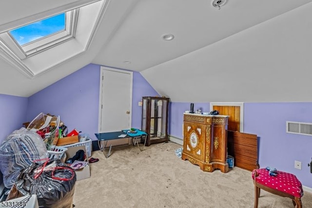 playroom with light colored carpet and lofted ceiling