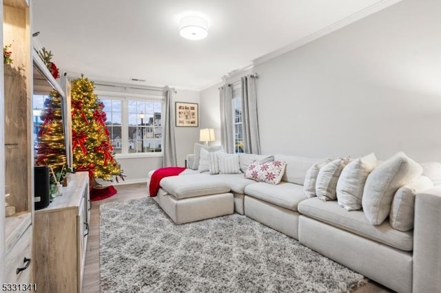 living room featuring hardwood / wood-style flooring and ornamental molding