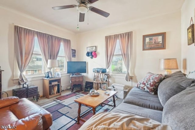 living room featuring ceiling fan