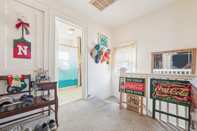 miscellaneous room featuring light colored carpet