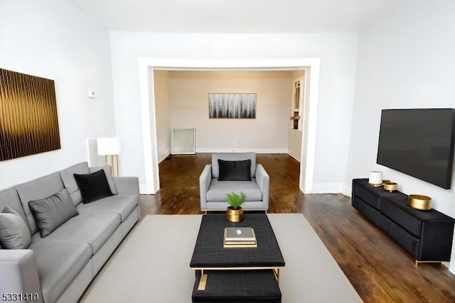 living room with dark hardwood / wood-style flooring