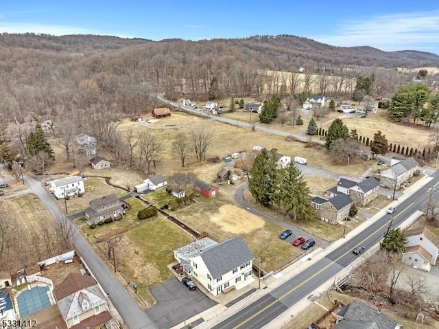 drone / aerial view featuring a wooded view and a mountain view